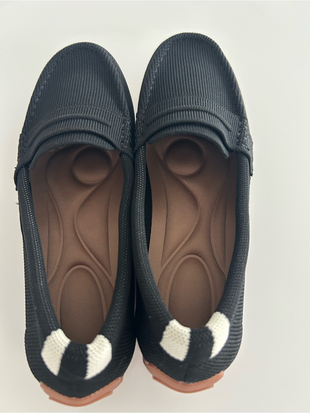 Women’s Black Knit Slip-On Loafers with White Heel Detail